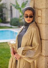 Kimono - Plaj Elbisesi - Nakışlı Gold % 100 Keten