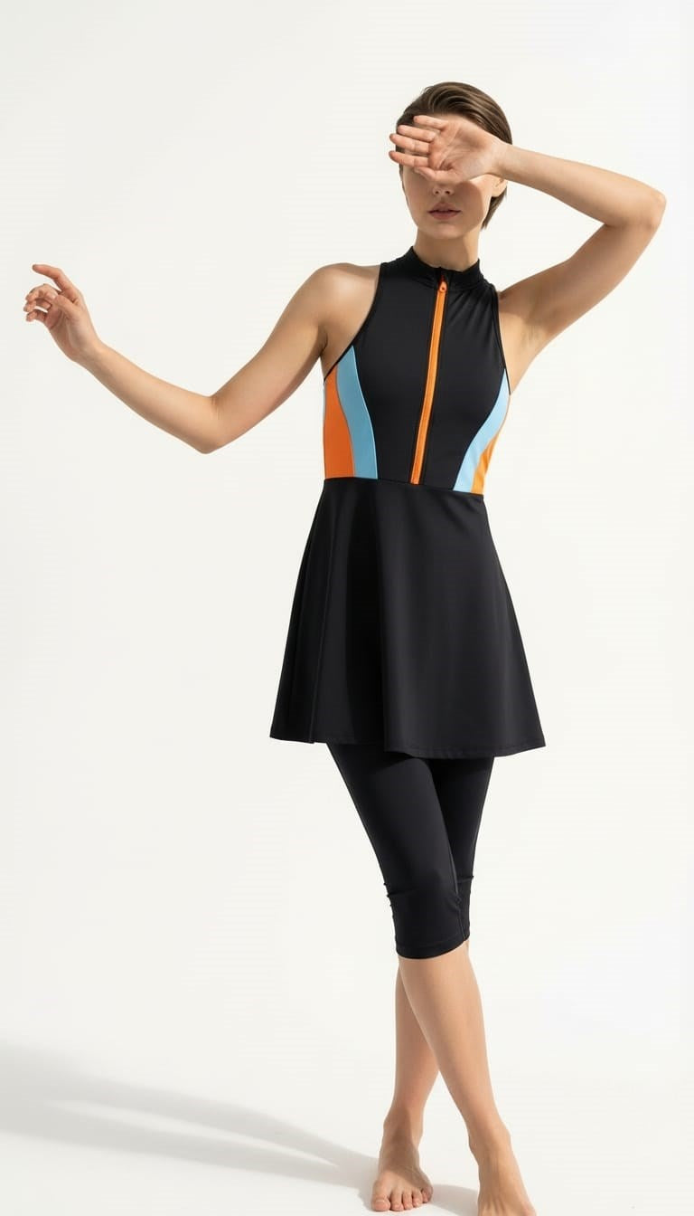 Turuncu Fermuarlı Yarı Kapalı Mayo