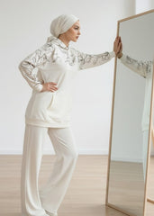 Keten Nakışlı Ekru Eşofman Üstü