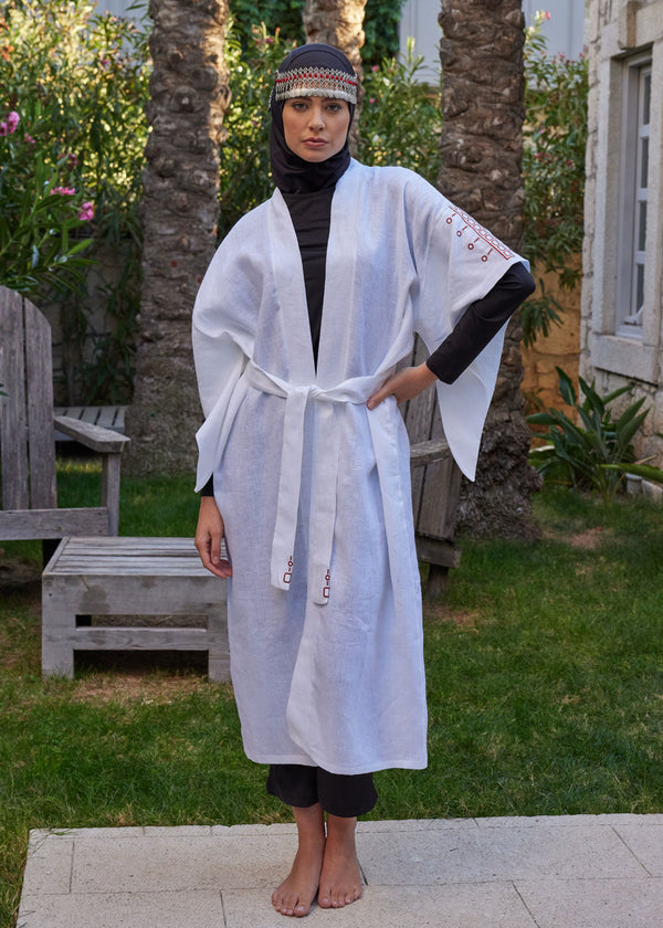 Kimono - Nakışlı Beyaz %100 Keten Plaj Elbisesi
